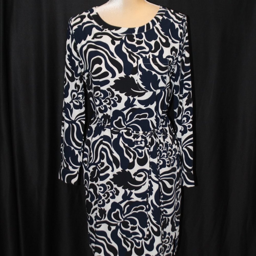 Loft Navy Black and White Long Sleave Straight lined Floral Dress with Tie - Picture 4 of 13